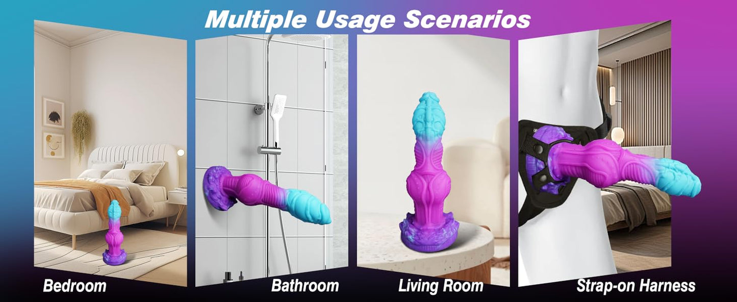 Curved Fantasy Dragon Knot Dildo – Blue Purple Silicone, 9.2"