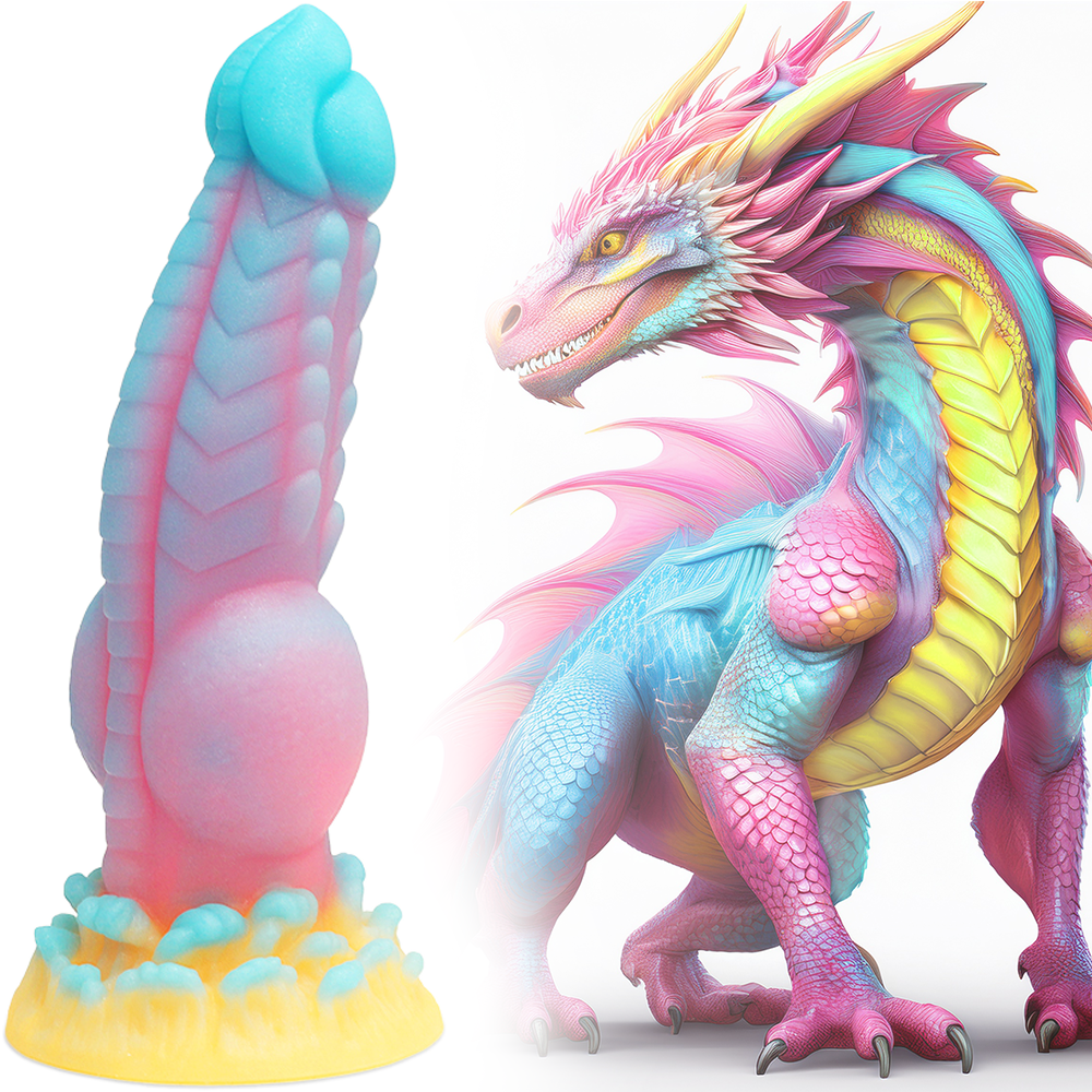 Pink-Blue-Yellow Fantasy Silicone Dildo with Knot