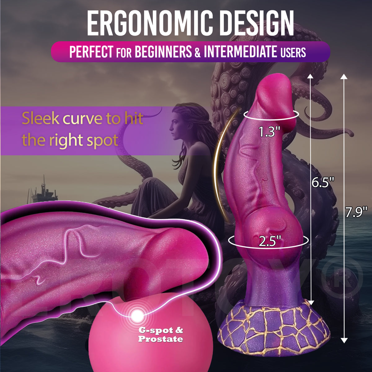 Consolador monstruo de silicona colorido de 25 cm con nudo y enorme ventosa 